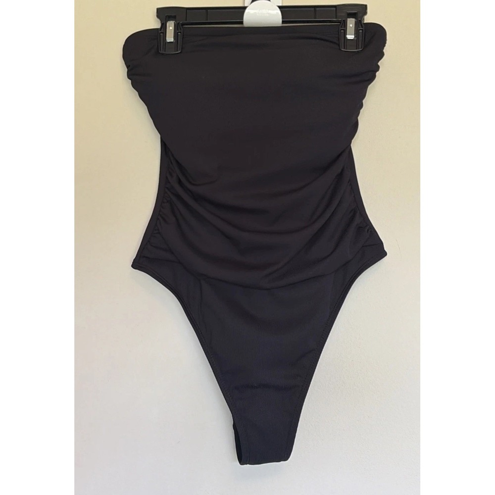 Shade & Shore Black Ribbed High Leg Cheeky Ruched Swim Bathing Suit Small NEW